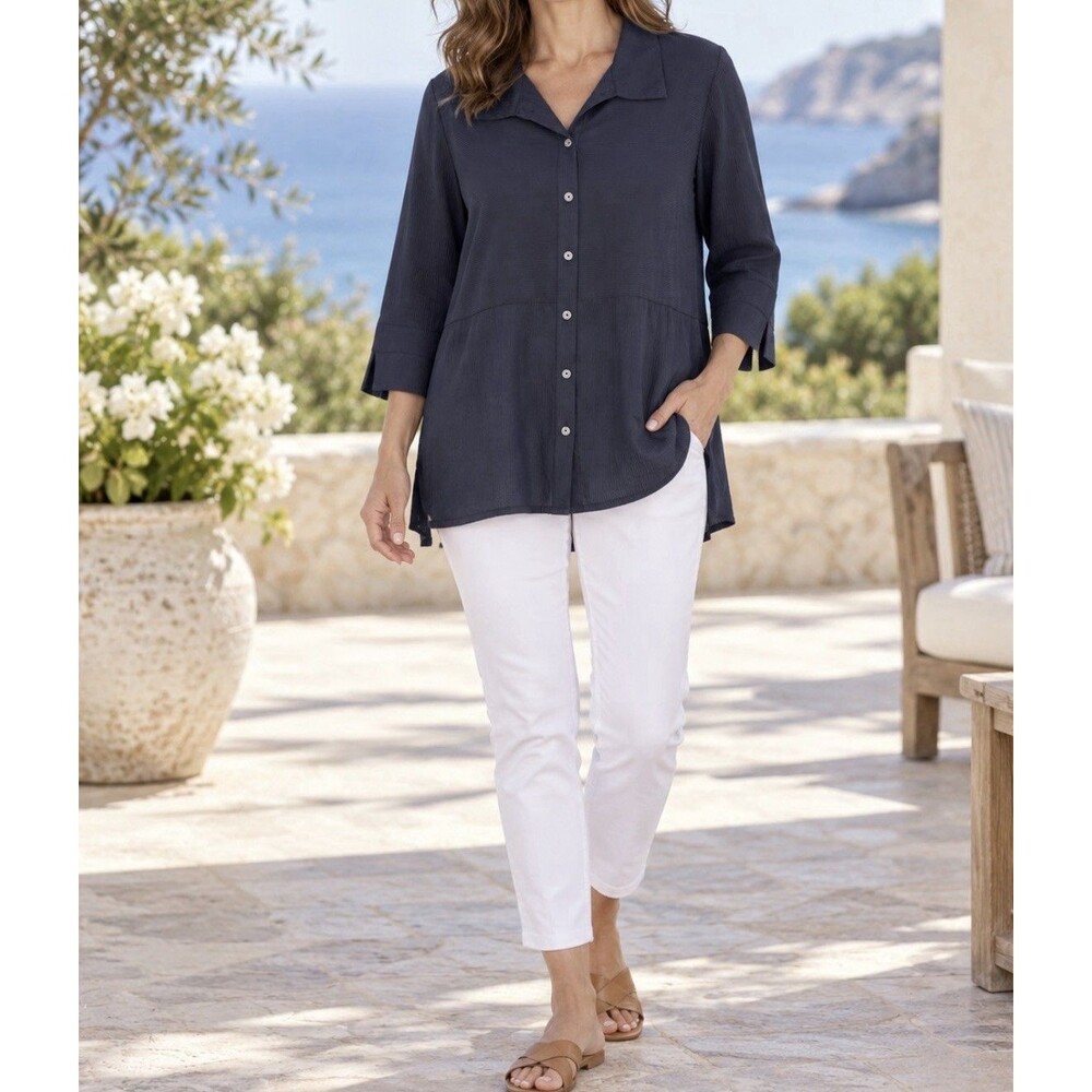 Cali Girls Navy Textured Button Front Tunic Blouse 3/4 Sleeve Size Small